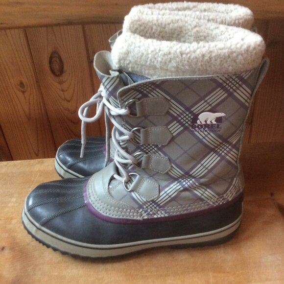 Sorel Gray & Purple Plaid Waterproof 1964 Pac Winter Boots with Liners Size 11 - Picture 1 of 9